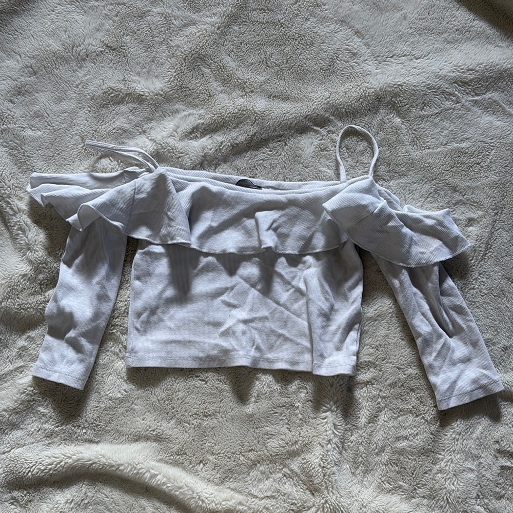 ZARA White Off Shoulder Ribbed Crop Top | Spaghetti Strap Size Small - Picture 2 of 6